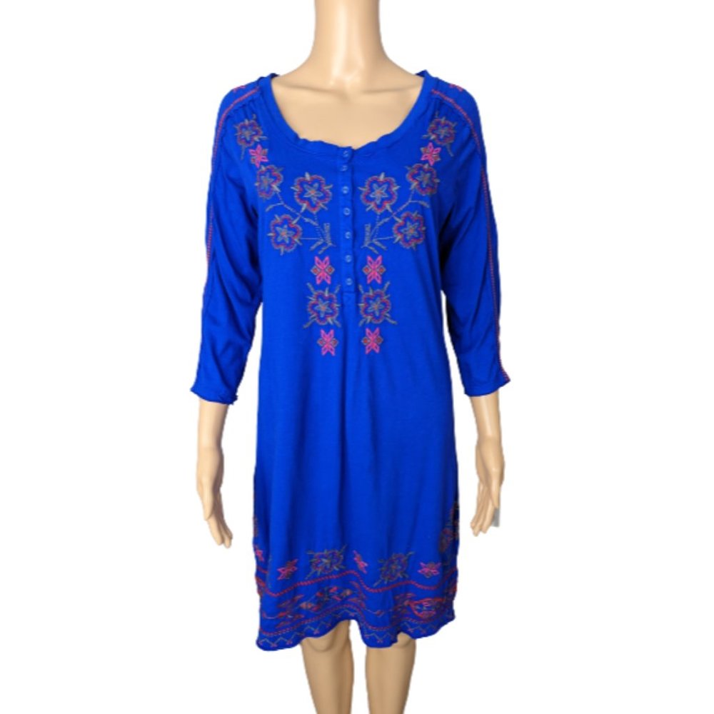 Johnny Was Royal Blue Embroidered Shirt Dress S